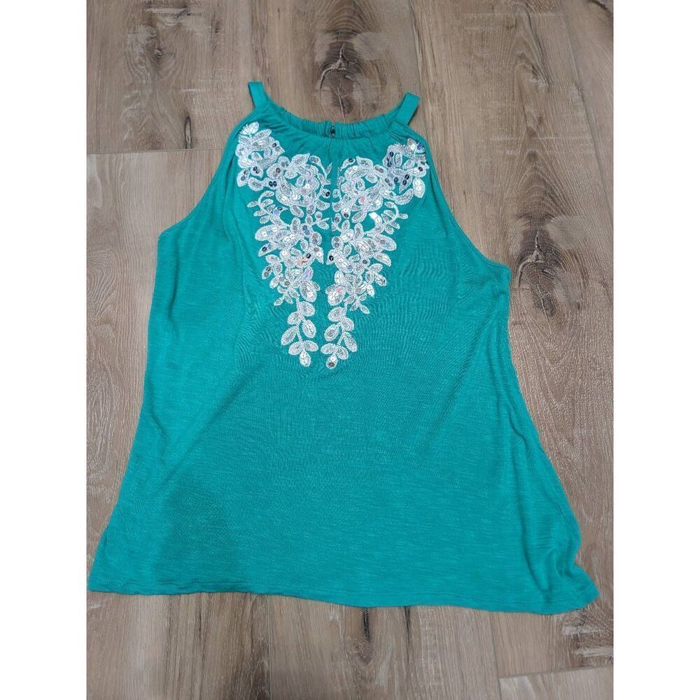 INC Intl Concepts Turquoise Beaded Sequin Embroidered High Neck Tank Boho XL